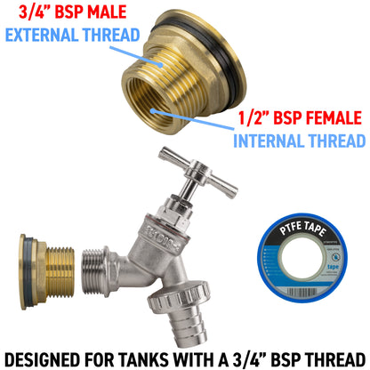 Water Butt Brass Kit 3/4" BSP with Nickel Plated Brass Barbed Tap