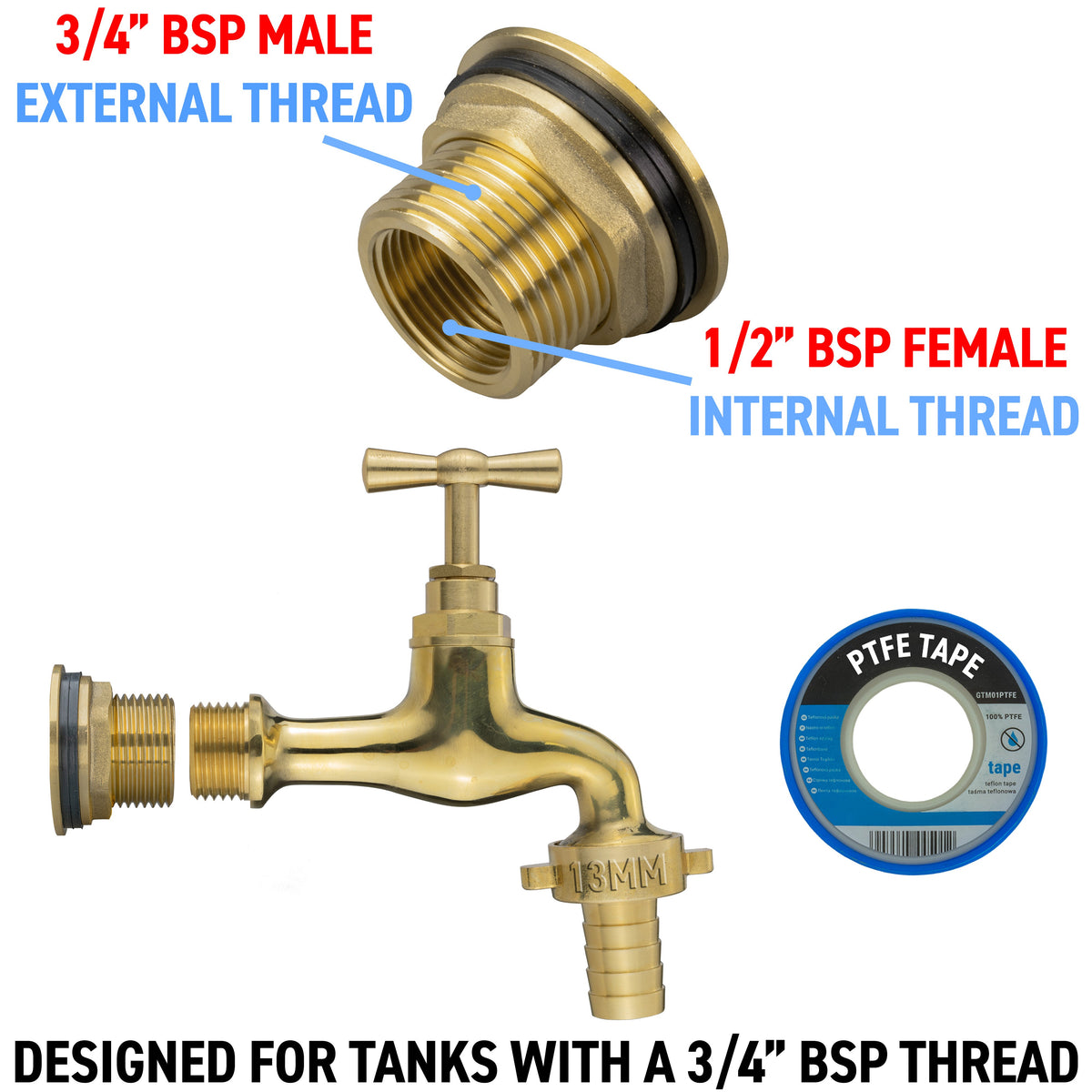 ¾″ Brass Water Butt Kit – 13mm Polished Brass Tap & Cutter