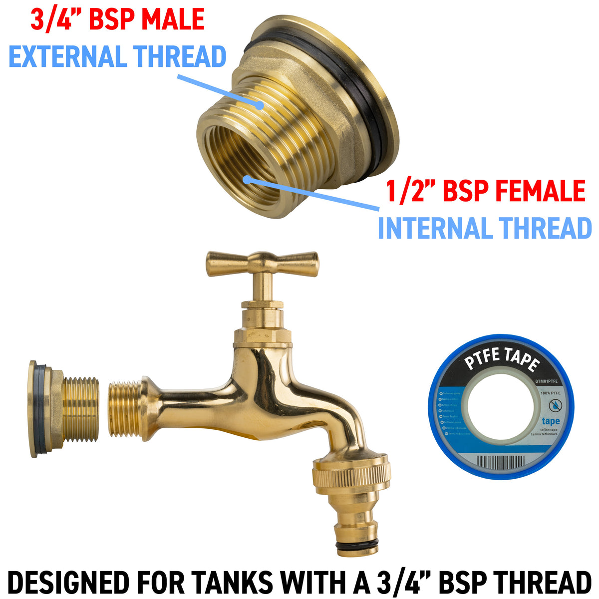 ¾″ Brass Water Butt Kit – Polished Brass Quick Tap & Cutter