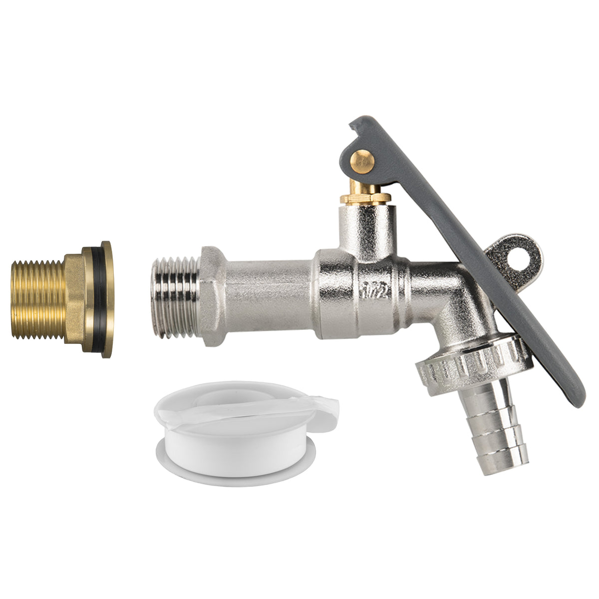 Brass Water Butt Connector kit with lever-lock tap and half-inch hose-barb outlet.