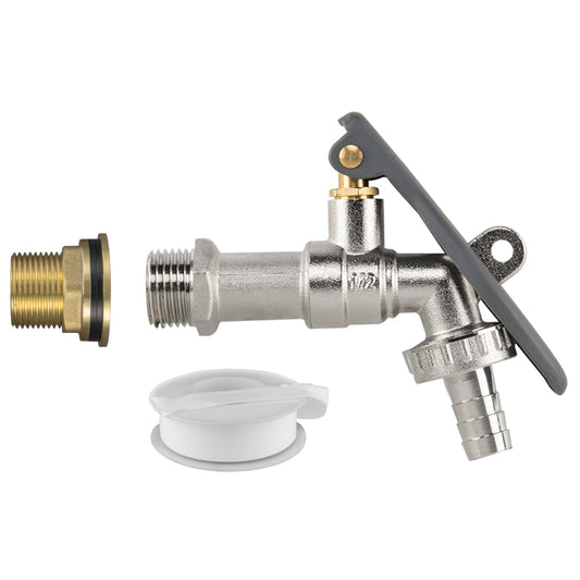 Brass Water Butt Connector kit with lever-lock tap and half-inch hose-barb outlet.