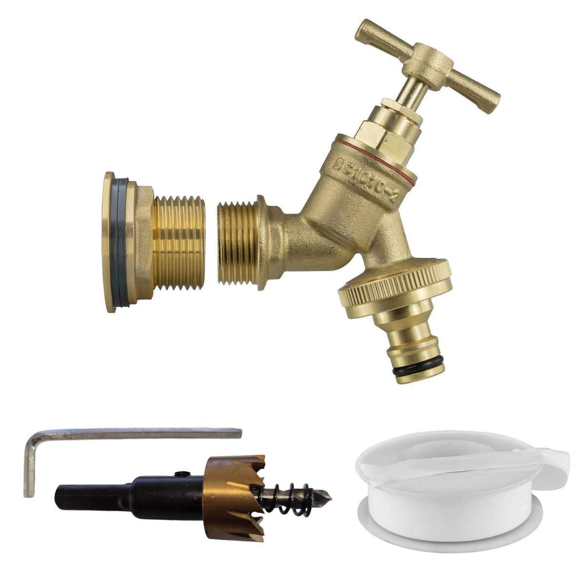 ¾″ BSP water-butt brass tank kit with male snap-on plug and 27mm hole cutter.