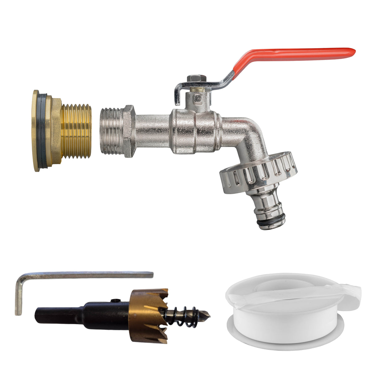 ¾″ BSP water-butt brass tank kit with male snap-on plug and 27mm hole cutter.