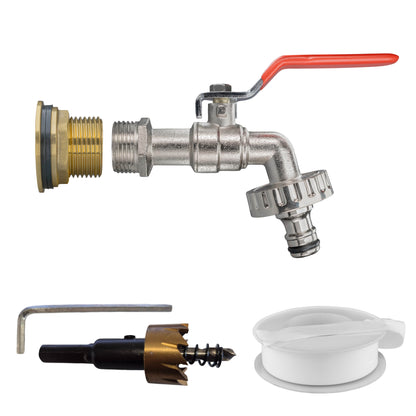 ¾″ BSP water-butt brass tank kit with male snap-on plug and 27mm hole cutter.
