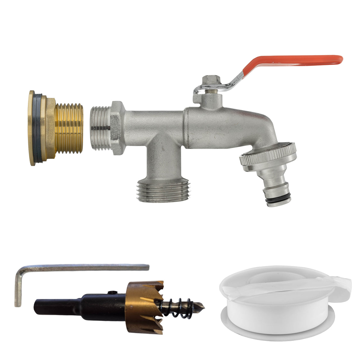 ¾″ BSP water-butt brass tank kit with one male snap-on plug and one BSP threaded outlet and 27mm hole cutter.