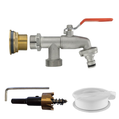 ¾″ BSP water-butt brass tank kit with one male snap-on plug and one BSP threaded outlet and 27mm hole cutter.