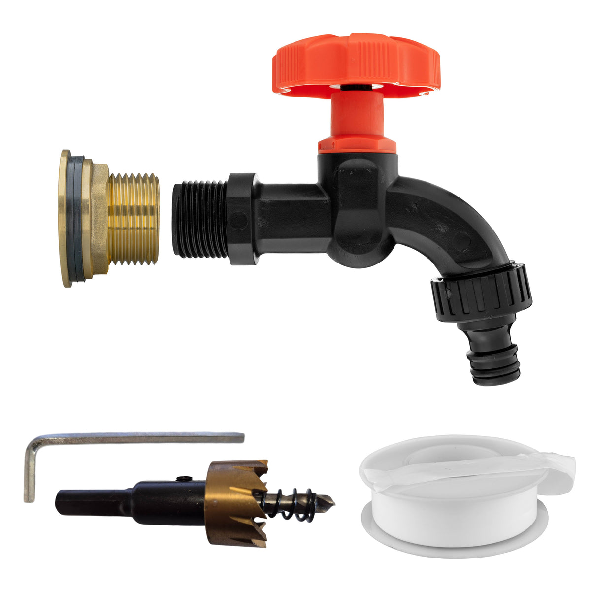 ¾″ BSP water-butt brass tank kit with male snap-on plug and 27mm hole cutter.