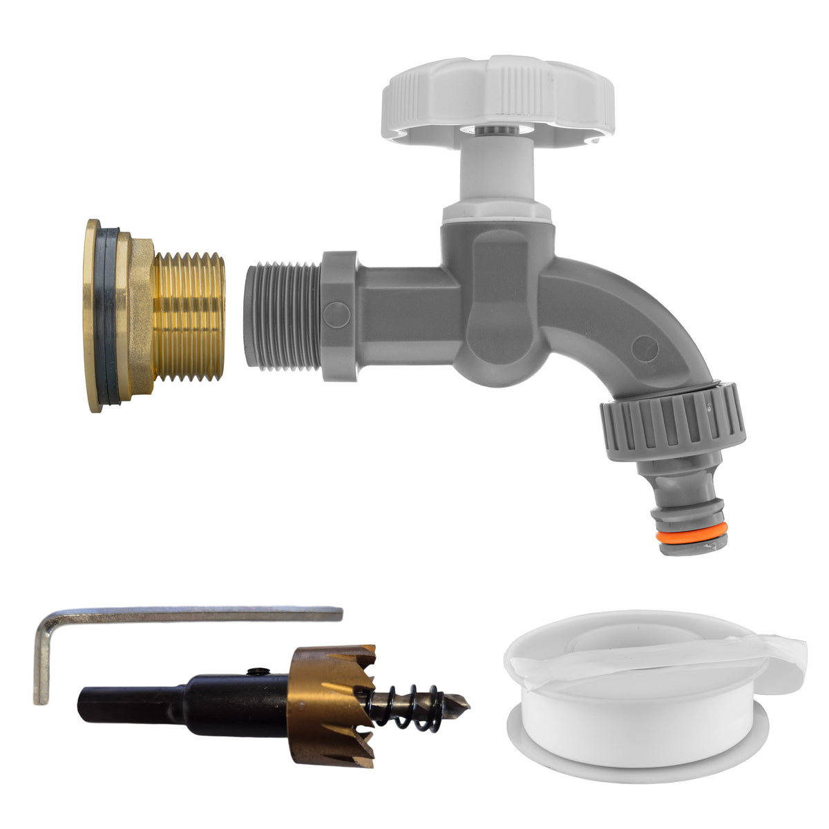 ¾″ BSP water-butt brass tank kit with male snap-on plug and 27mm hole cutter.