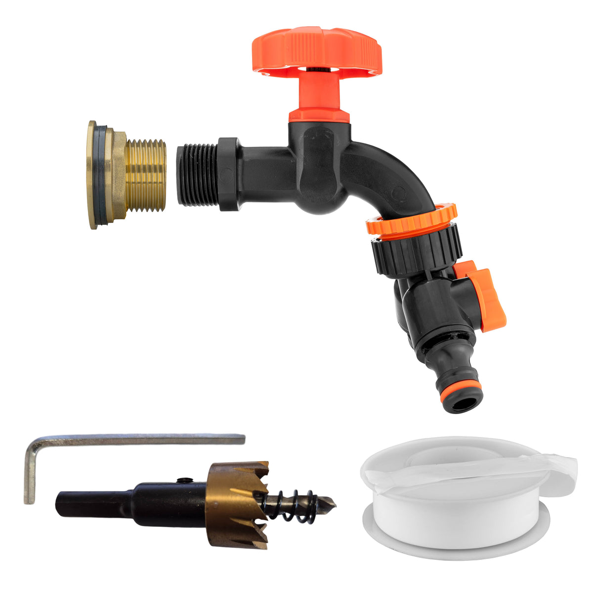 ¾″ BSP water-butt brass tank kit with two independently valved male snap-on plugs and 27mm hole cutter.