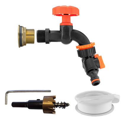 ¾″ BSP water-butt brass tank kit with two independently valved male snap-on plugs and 27mm hole cutter.