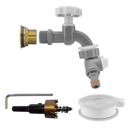 ¾″ BSP water-butt brass tank kit with two independently valved male snap-on plugs and 27mm hole cutter.