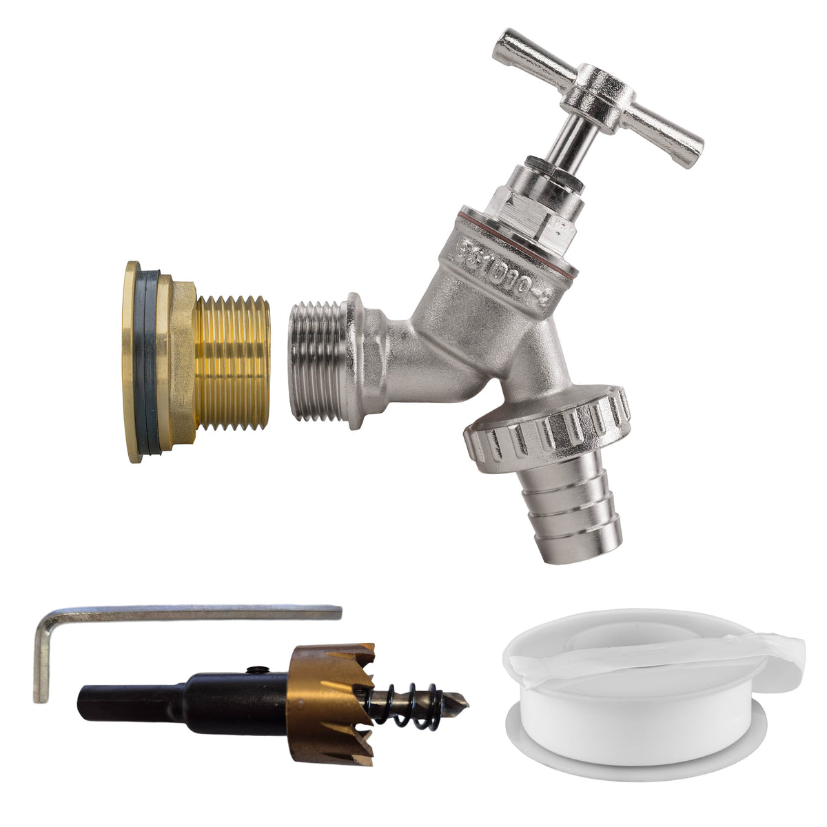 ¾″ BSP tank fitting kit with ½″ hose barb and 27mm HSS hole cutter.