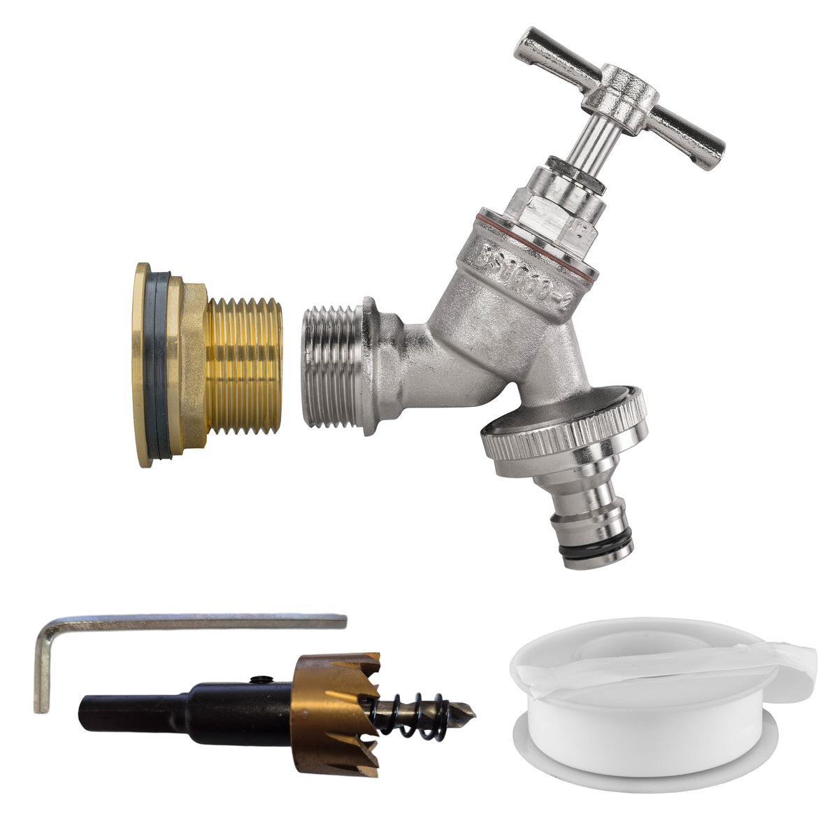 ¾″ BSP tank fitting kit with male snap-on plug and 27mm HSS hole cutter.
