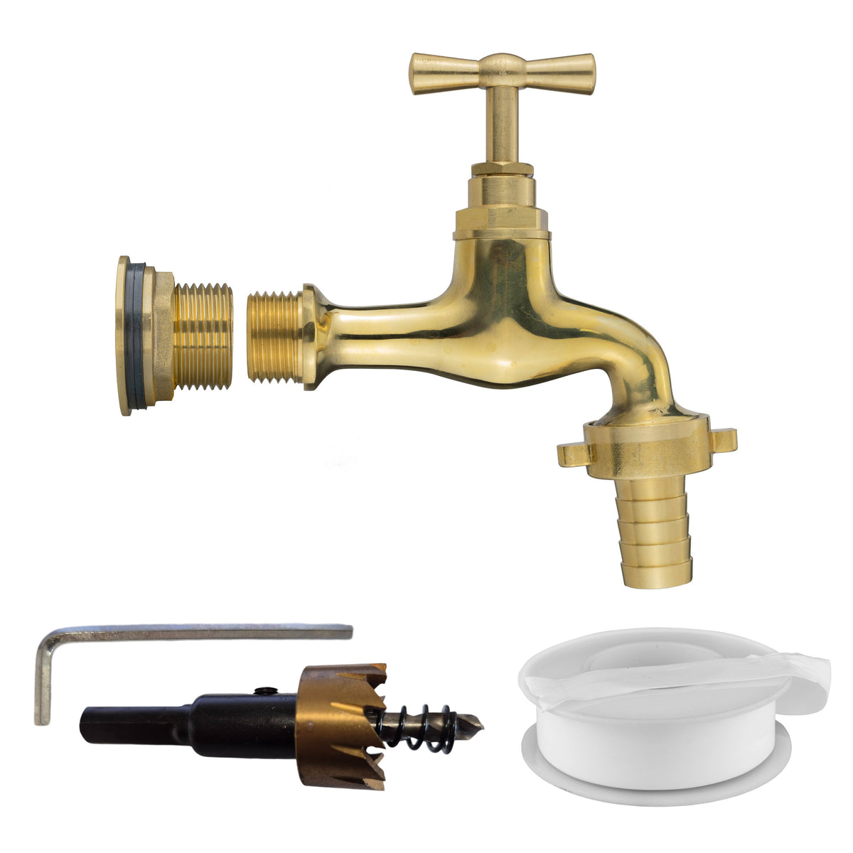 ¾″ BSP tank fitting kit with 13mm hose barb and 27mm HSS hole cutter.