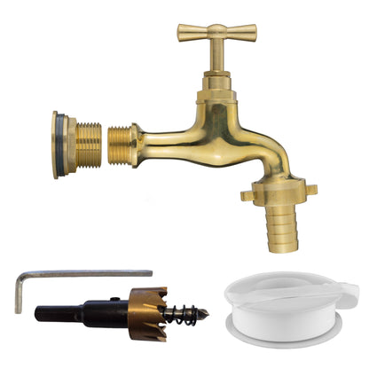 ¾″ BSP tank fitting kit with 19mm hose barb and 27mm HSS hole cutter.