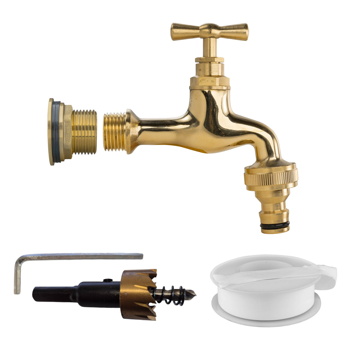¾″ BSP tank fitting kit with male snap-on plug and 27mm HSS hole cutter.