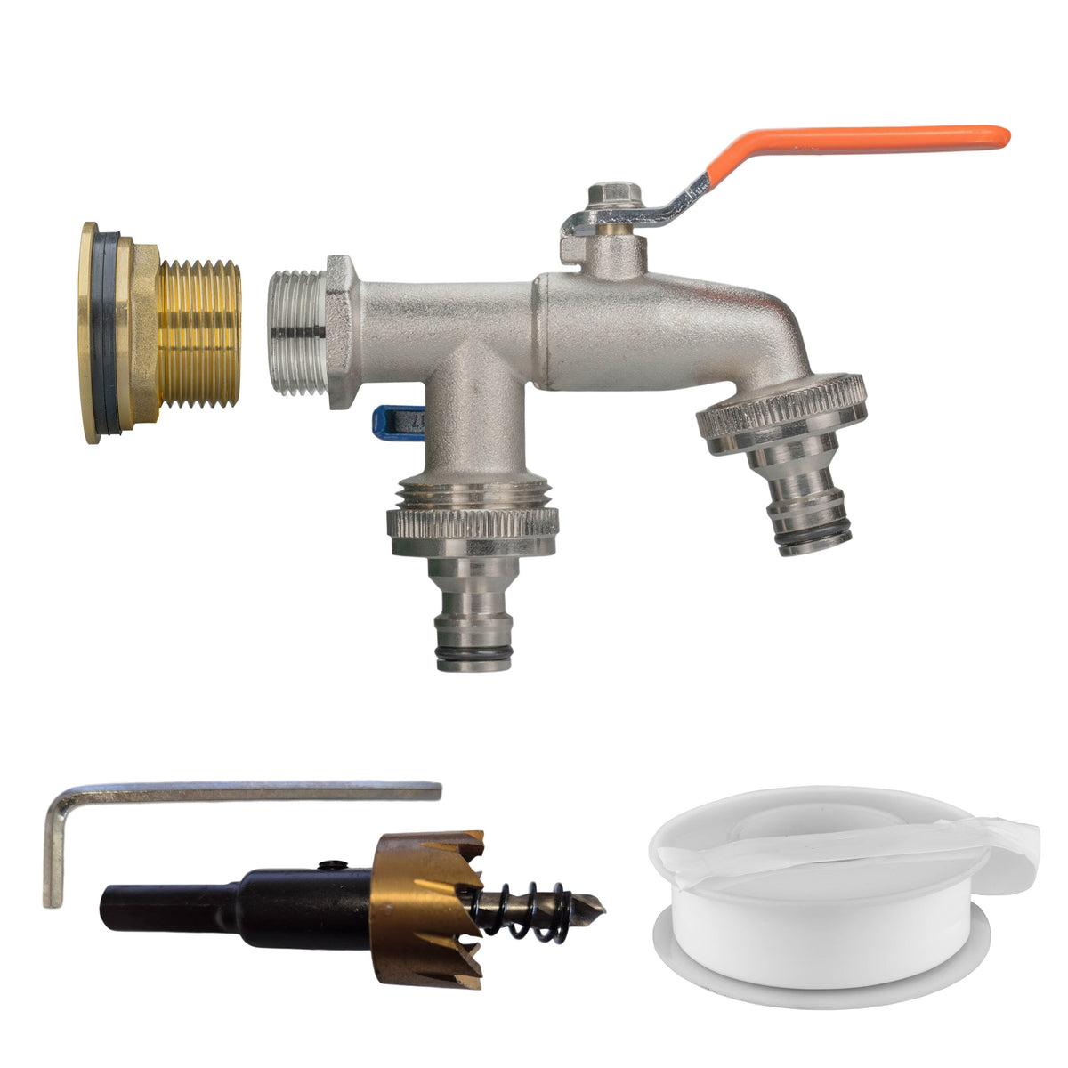 ¾″ BSP tank fitting kit with two independently controlled male snap-on plugs and 27mm HSS hole cutter.