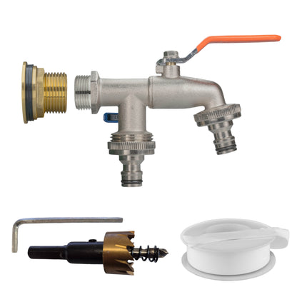 ¾″ BSP tank fitting kit with two independently controlled male snap-on plugs and 27mm HSS hole cutter.