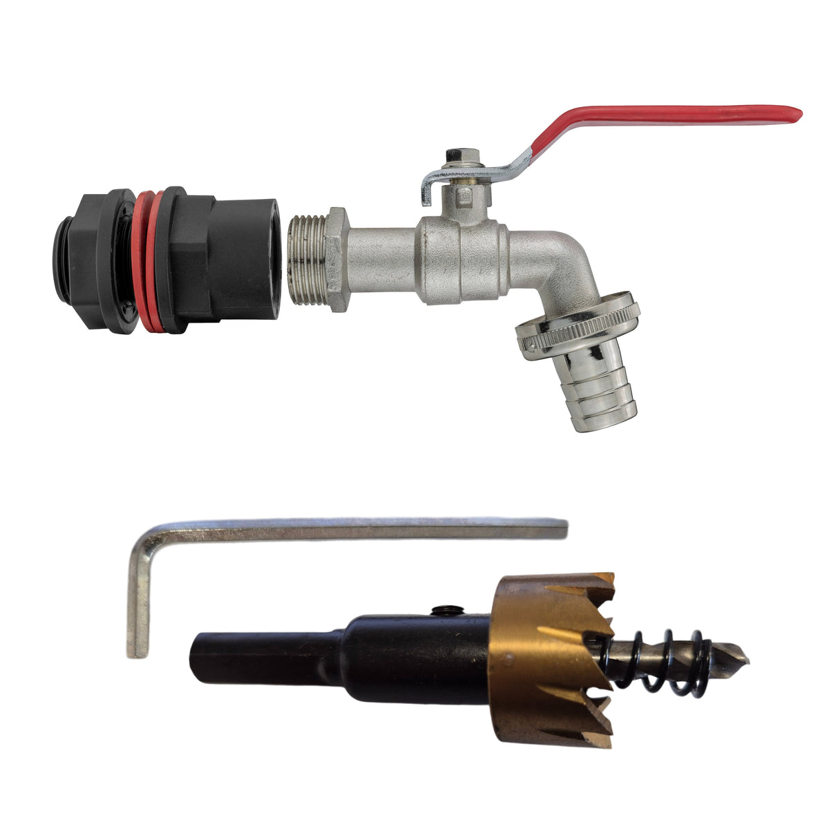 ½″ Water Butt Kit – Barbed Lever Tap & Cutter; supplied components shown.