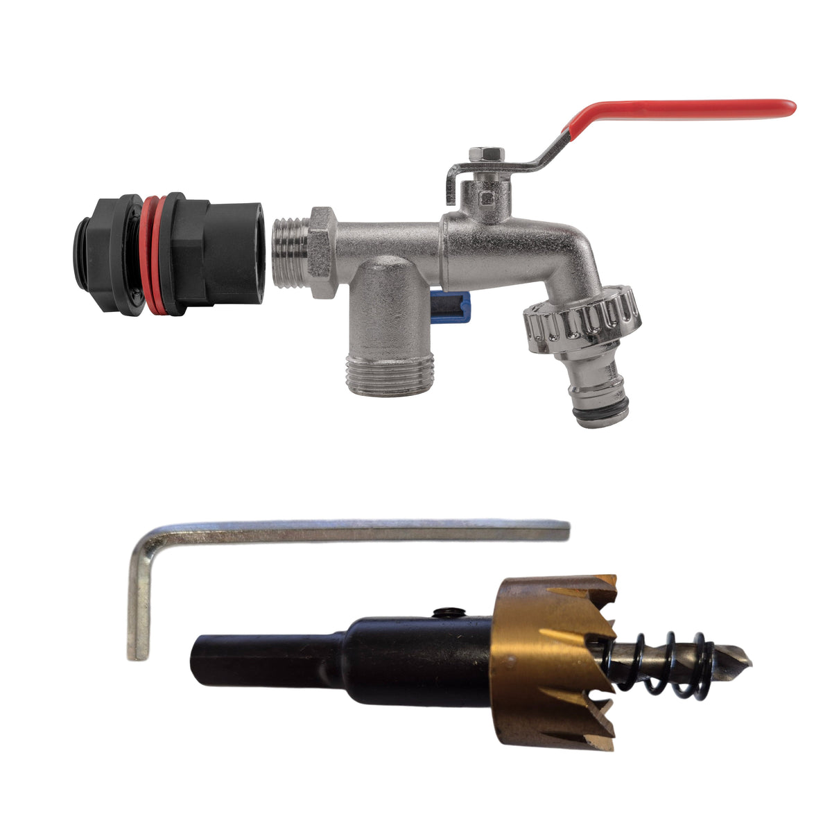 ½″ Water Butt Kit – Double-Outlet Tap & Cutter; supplied components shown.