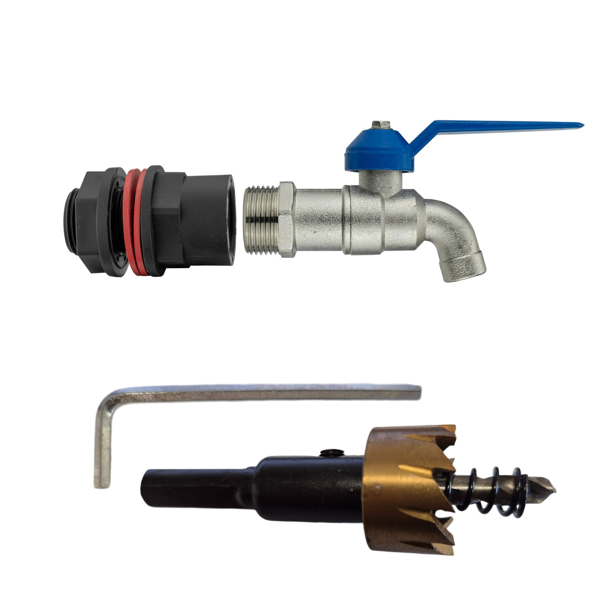 ½″ Water Butt Kit – Simple Lever Tap & Cutter; supplied components shown.