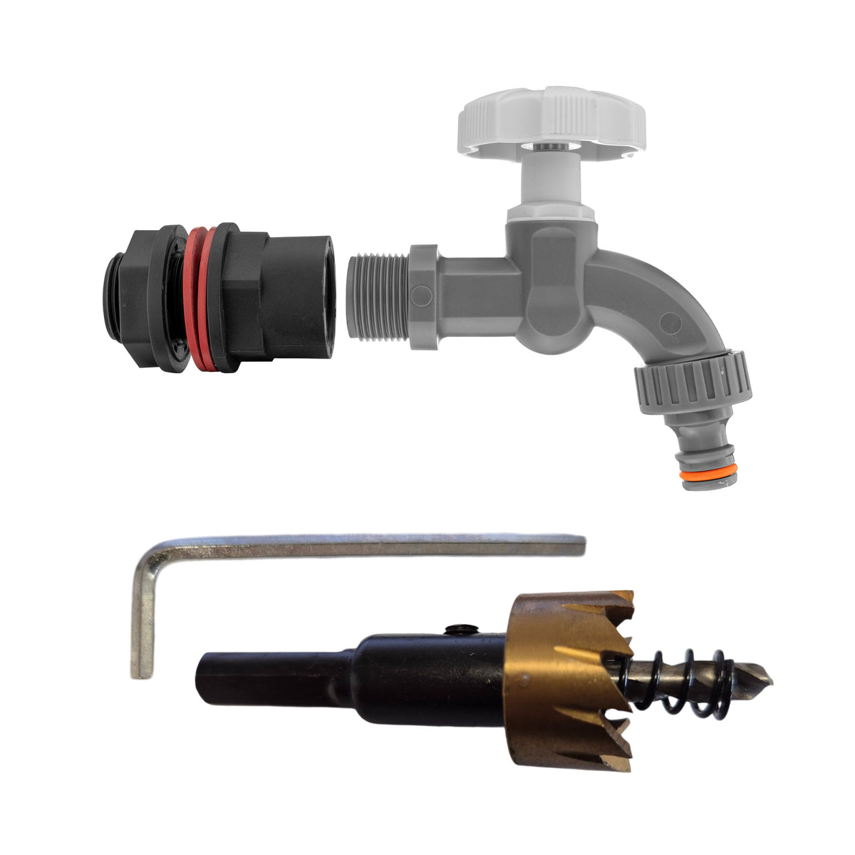 ½″ Water Butt Kit – Grey Dial Tap & Cutter; supplied components shown.