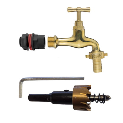 ½″ Water Butt Kit – 13mm Polished Brass Tap & Cutter; supplied components shown.