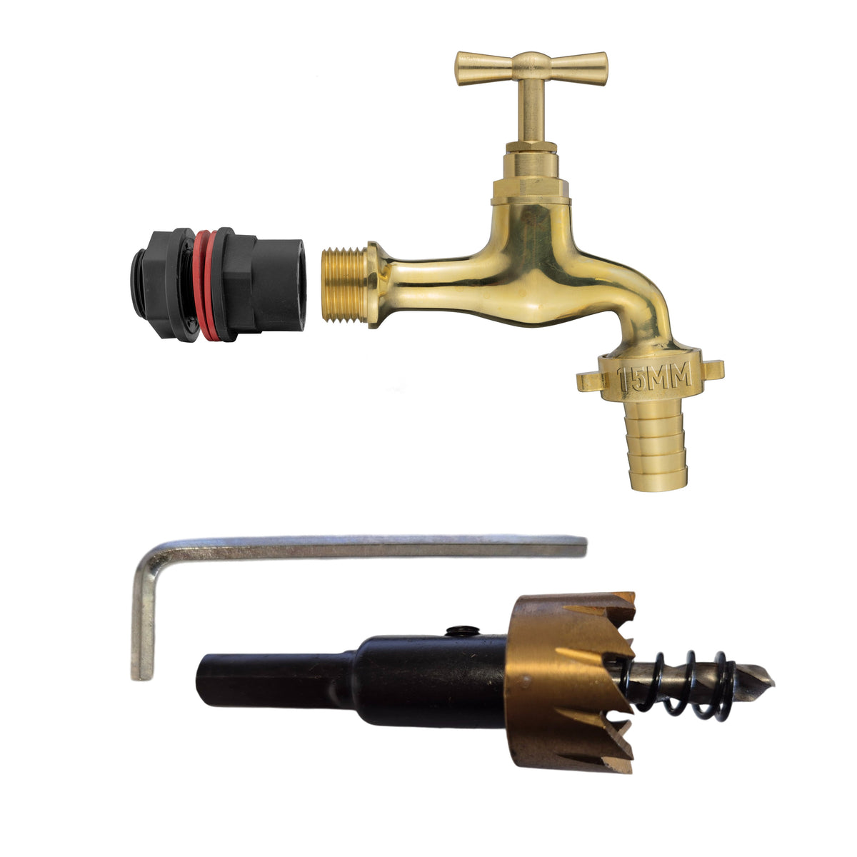 ½″ Water Butt Kit – 15mm Polished Brass Tap & Cutter; supplied components shown.