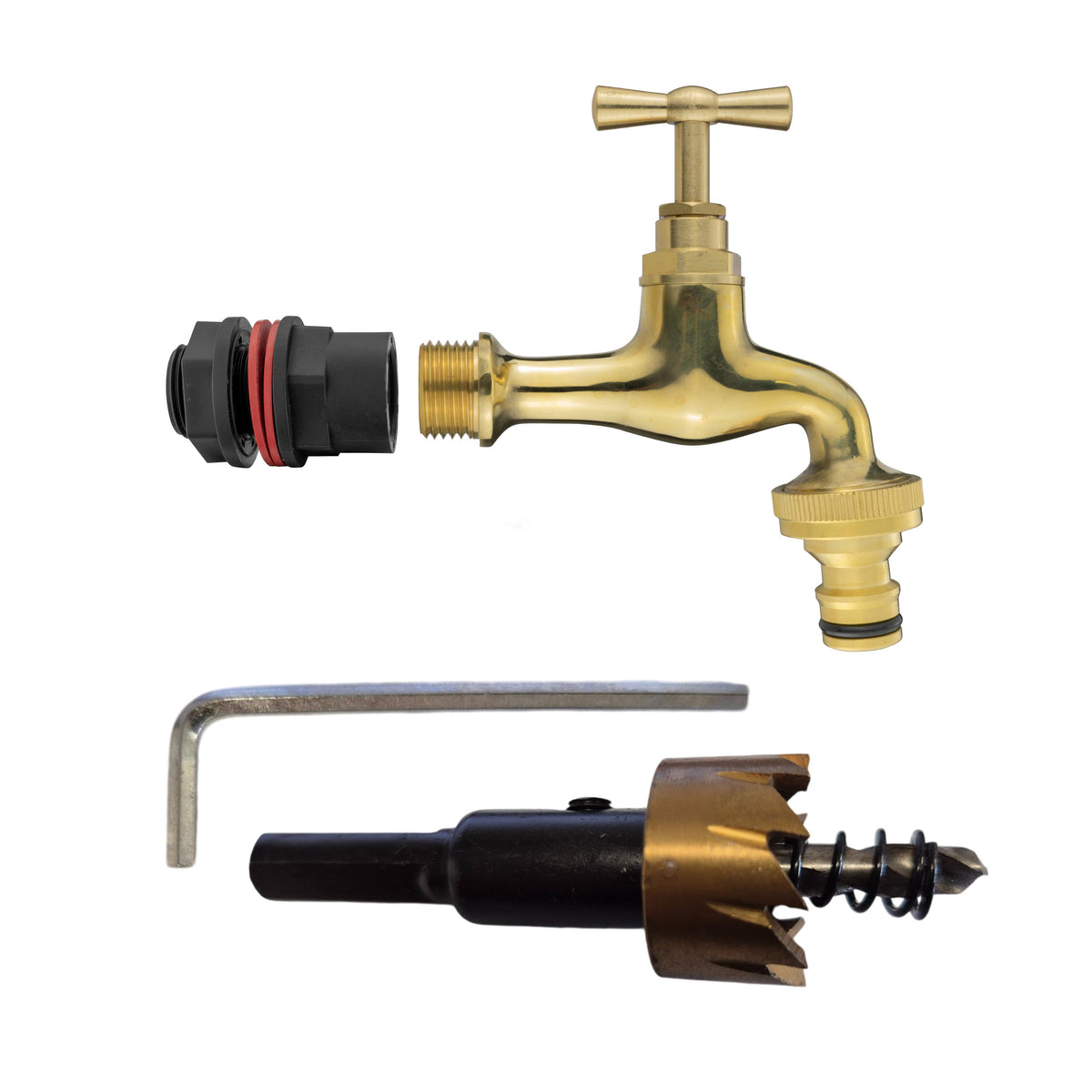 ½″ Water Butt Kit – Polished Brass Quick Tap & Cutter; supplied components shown.