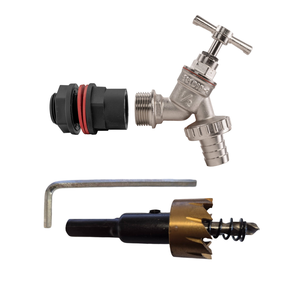 ½″ Water Butt Kit – Nickel-Plated Barbed Tap & Cutter; supplied components shown.