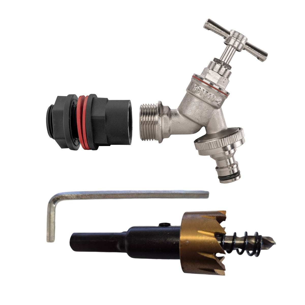 ½″ Water Butt Kit – Nickel-Plated Quick Tap & Cutter; supplied components shown.