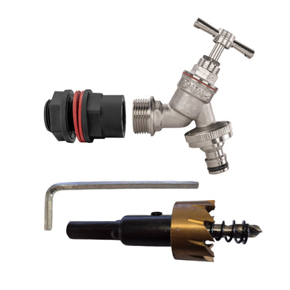 ½″ Water Butt Kit – Nickel-Plated Quick Tap & Cutter; supplied components shown.