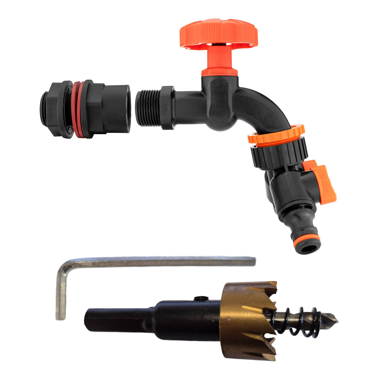 ½″ Water Butt Kit – Black Tap & Two-Way Splitter & Cutter; supplied components shown.