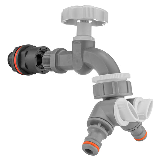 ½″ BSP Water Butt Kit – Grey/White Dial Tap & Twin Splitter; supplied fitting shown.