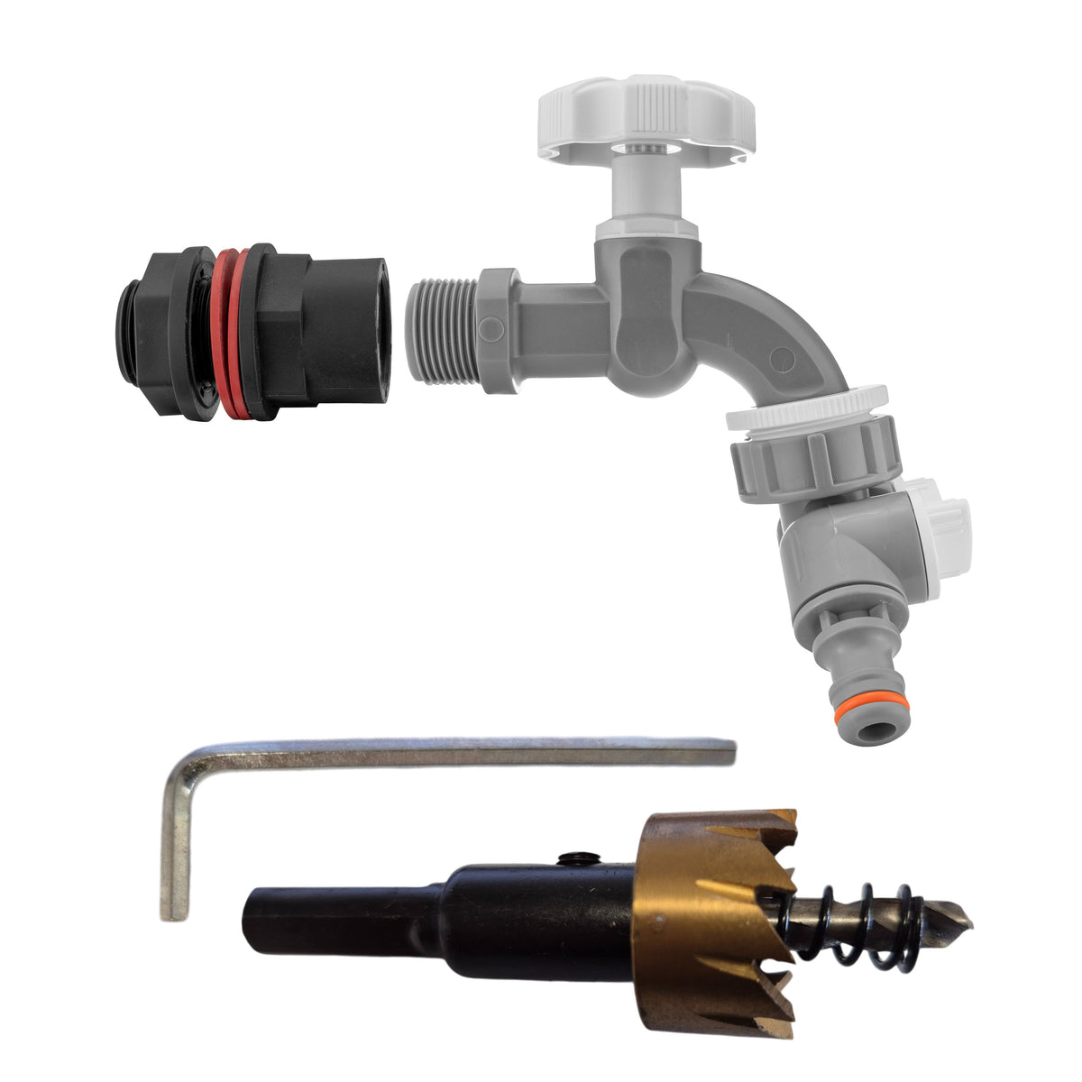 ½″ Water Butt Kit – Grey Tap & Two-Way Splitter & Cutter; supplied components shown.