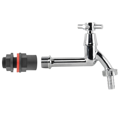 Water Butt Connector kit with extended cross-head tap and half-inch hose-barb outlet.