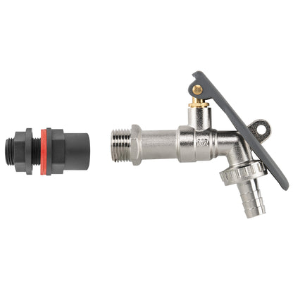 Water-butt tank connector with top-locking lever tap and half-inch hose barb.