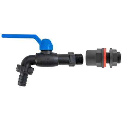 Black nylon water-butt tap with blue lever, ½″ hose barb and separate tank connector with nut and washers.