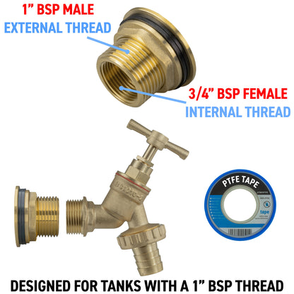 Water Butt Brass Kit 1" BSP with Brass Barbed Tap