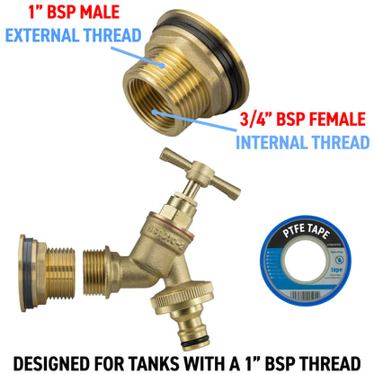 Water Butt Brass Kit 1" BSP with Brass Quick Connect Tap