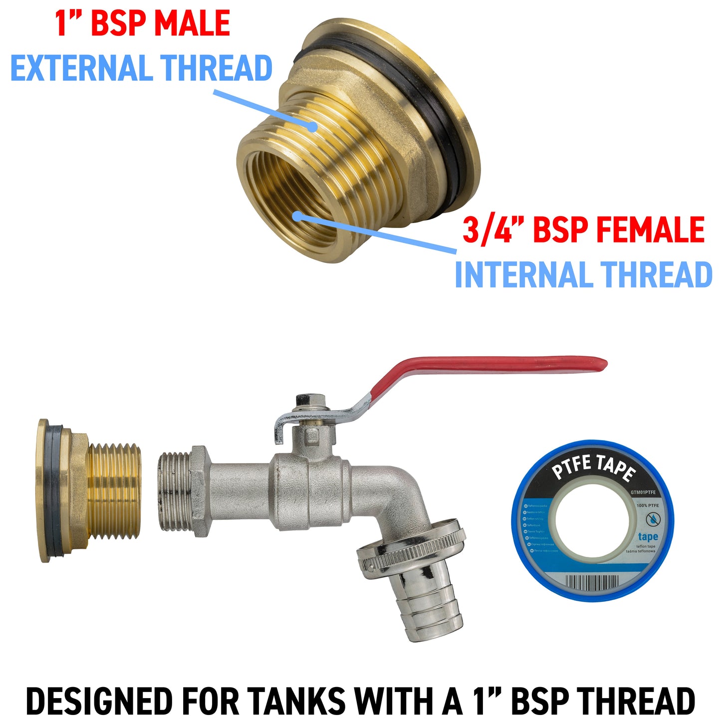 Water Butt Brass Kit 1" BSP with Barbed Lever Tap