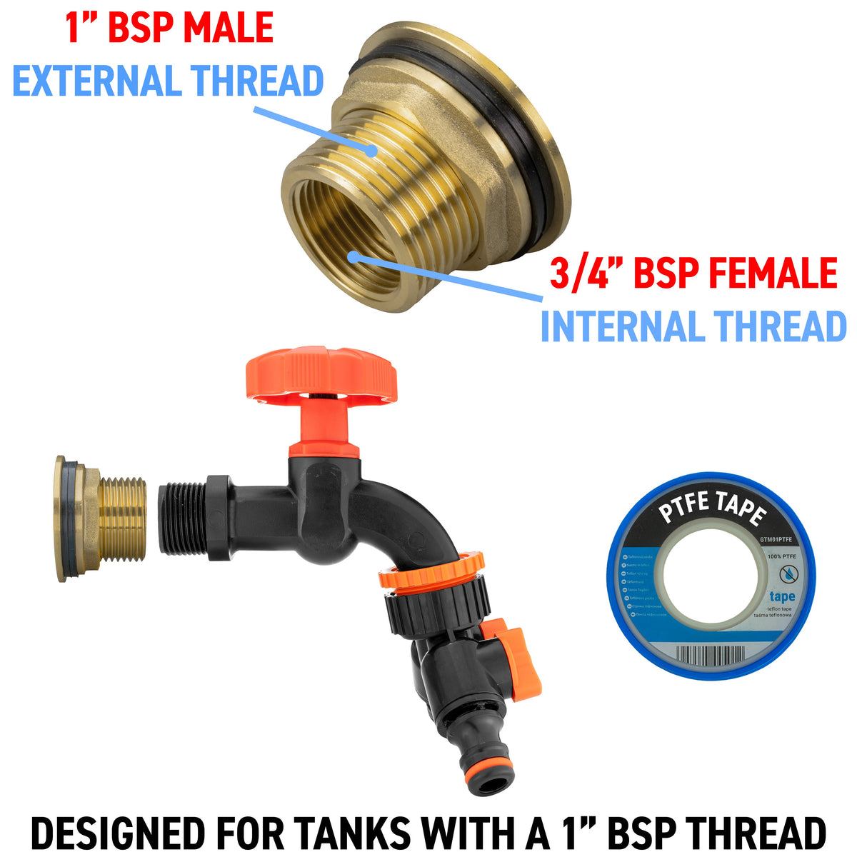 1″ BSP Water Butt Kit – Black/Orange Dial Tap & Twin Splitter