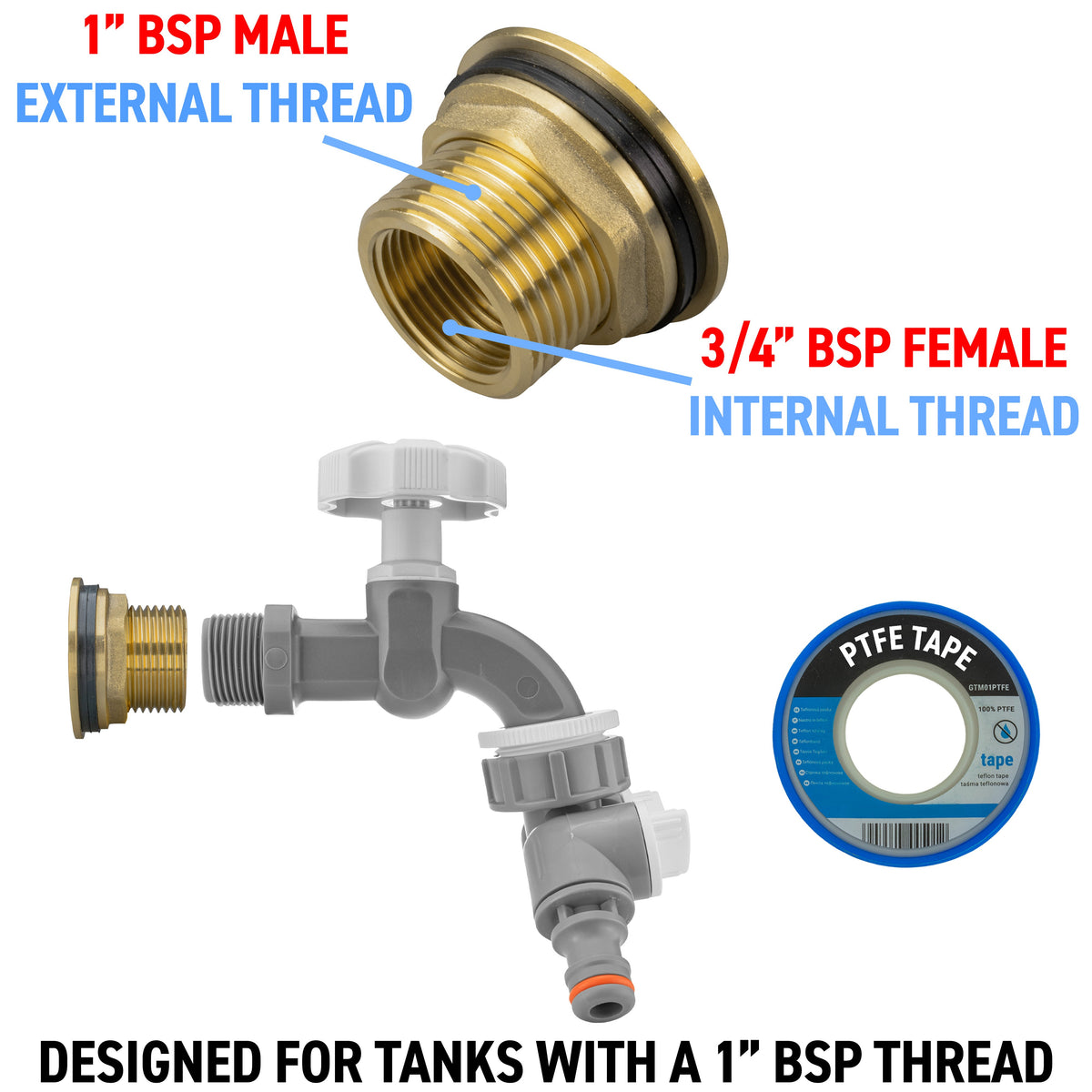 1″ Brass Water Butt Kit – Grey Tap & Two-Way Splitter & Cutter