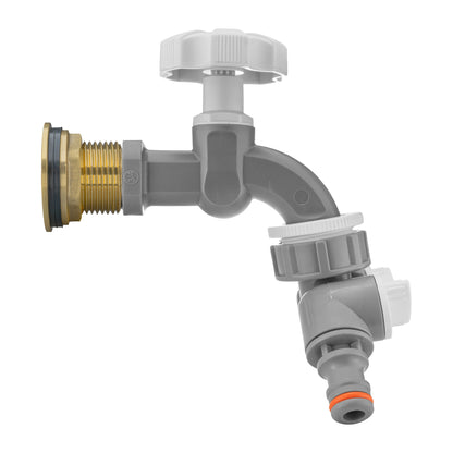 1″ BSP Water Butt Kit – Grey/White Dial Tap & Twin Splitter; supplied fittings shown.