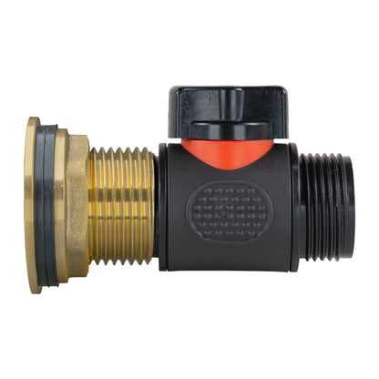 1″ BSP Water Butt Kit – Inline Valve & ¾″ BSP Male Outlet; supplied fittings shown.