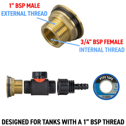 1″ Brass Water Butt Kit – 16mm Irrigation Barb & Cutter