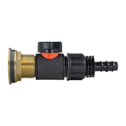 1″ BSP Water Butt Kit – Inline Valve & 16mm Irrigation Barb; supplied fittings shown.
