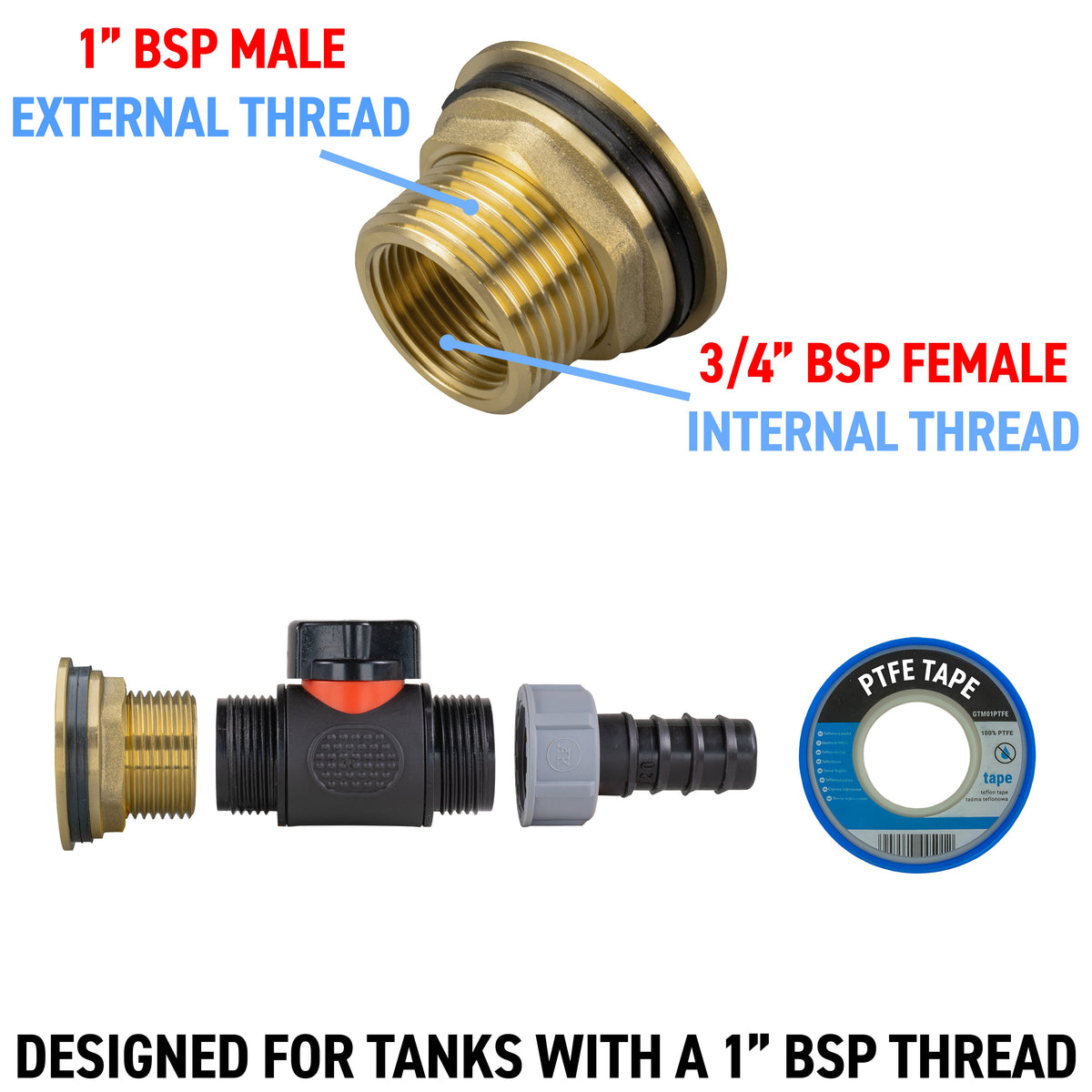 1″ BSP Water Butt Kit – Inline Valve & 20mm Irrigation Barb