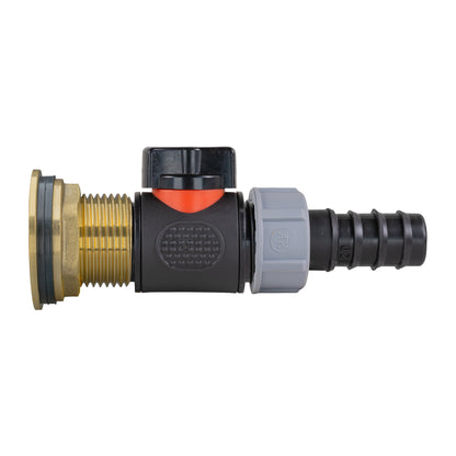 1″ BSP Water Butt Kit – Inline Valve & 20mm Irrigation Barb; supplied fittings shown.