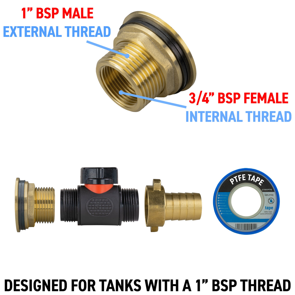 1″ BSP Water Butt Kit – Inline Valve & 19mm Brass Barb